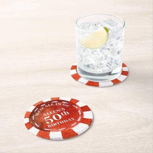 Geburtstag Poker Chip Red White Personalisiert Runder Pappuntersetzer (Vor Ort)
