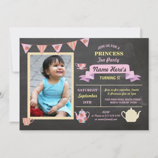 Geburtstag Prinzessin-Tea Party Chalk Pink laden Einladung (Vorderseite)