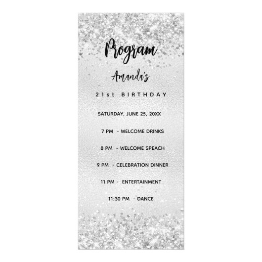 Geburtstag Progam Menü Silber Konfetti (Vorne)