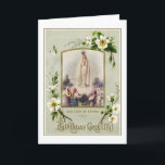 Geburtstag Religiöse Gottesmutter von Fatima Jungf Karte<br><div class="desc">Mit einem wunderschönen religiösen Gewohnheitsbild der seligen Jungfrau Unsere Frau von Fatima mit den drei Fatima-Kindern und einem Vintagen GREETINGS-Overlay. Im Inneren ist ein Vintages Blumenbild von zwei Vögeln mit dem Rosenkranz. Alle Texte und Schriftart können geändert werden.</div>
