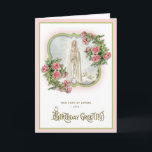 Geburtstag Religiöse Gottesmutter von Fatima Jungf Karte<br><div class="desc">Mit einem wunderschönen religiösen Brauch-Design-Vintage-Bild der gesegneten Jungfrau Unsere Frau von Fatima mit Vintag rosa Rosen und einem Vintagen BIRTHDAY GREETINGS Overlay.</div>