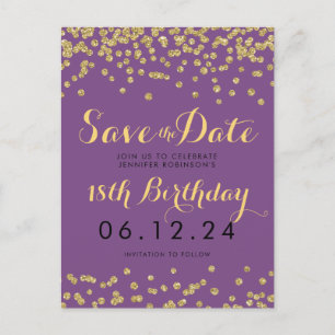 Geburtstag Rett Datum Gold Glitzer Confetti Lila Ankündigungspostkarte