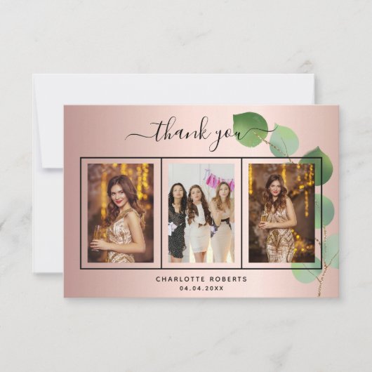 Geburtstag Rose Gold Eukalyptus Foto Dank Karte (Vorderseite)