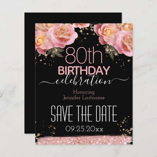 Geburtstag Save the Date rosa Blumenbudget (Vorne/Hinten)