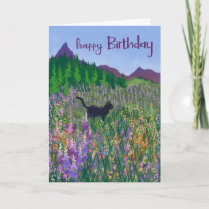 Geburtstag Schwarze Katze und Wildblumen Karte