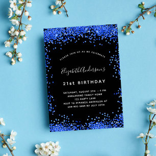 Geburtstag schwarze königliche blaue Glitter Luxus Einladung