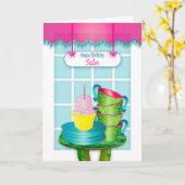 Geburtstag, Schwester, Fenster und Kuchen Karte (Gelbe Blume)