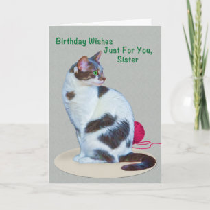 Geburtstag, Schwester, grüne mit Augen Katze Karte