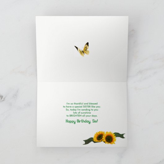 Geburtstag - Schwester - Sonnenblumen und Schmette Karte (Innenseite)