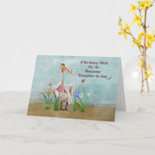 Geburtstag, Schwiegertochter, Pelikan, Blume Karte (Gelbe Blume)