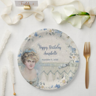 Geburtstag Sie Vintage viktorianische Dame blaue B Pappteller