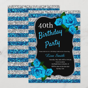 Geburtstag Silber Blaue Streifen Glitter Blaue Ros Einladung