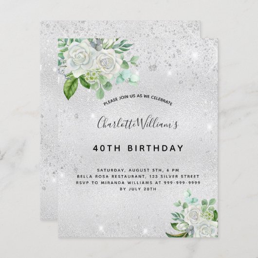 Geburtstag Silber Glitzer Blumengrün (Vorne/Hinten)