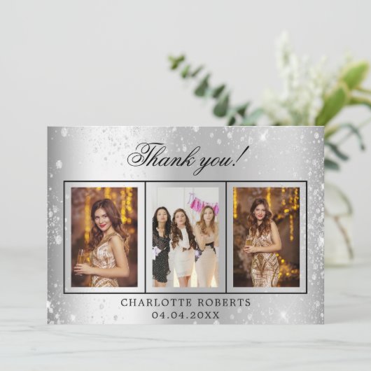 Geburtstag Silber Glitzer Foto Dankeschön Karte (Stehend Vorderseite)