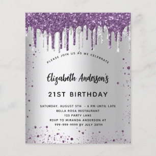 Geburtstag Silber Lila Glitter Budget Einladung Flyer