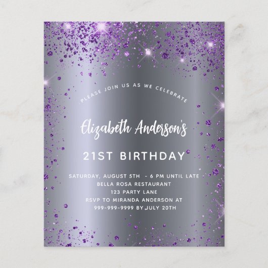Geburtstag Silber lila Glitzer Einladung Flyer (Vorne)