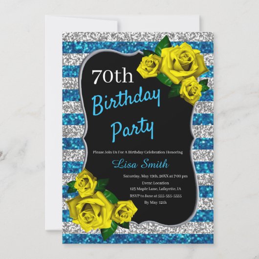 Geburtstag Silberblauer Streifen Glitzer Gelbe Ros Einladung (Vorderseite)
