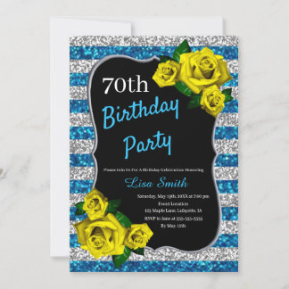 Geburtstag Silberblauer Streifen Glitzer Gelbe Ros Einladung