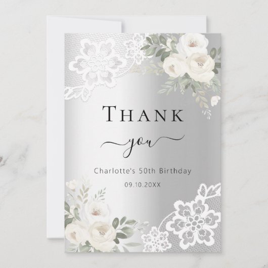Geburtstag silberne blühende Spitze Dank Karte (Vorderseite)