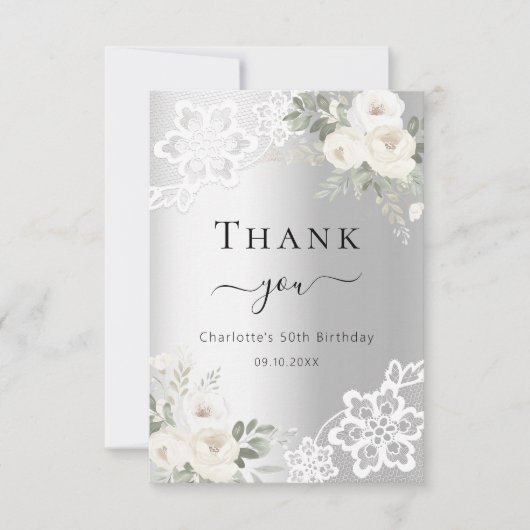 Geburtstag silberne blühende Spitze Dank Karte (Vorderseite)