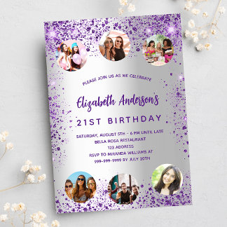 Geburtstag silberne lila Fotos Freunde Luxus Einladung