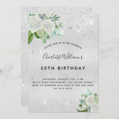 Geburtstag silberner Glitzer Blumengrün Einladung (Vorne/Hinten)