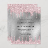 Geburtstag Silberner Glitzer Rosa Einladung (Vorne/Hinten)