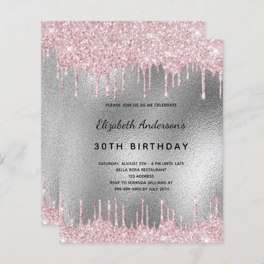Geburtstag Silberner Glitzer Rosa Einladung (Vorne/Hinten)