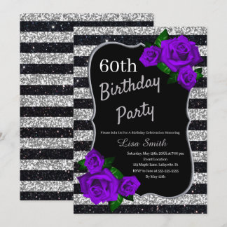 Geburtstag Silver Black Stripes Glitzer Lila Rose Einladung
