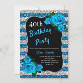 Geburtstag Silver Blue Stripes Glitzer Blau Rose Einladung (Vorderseite)