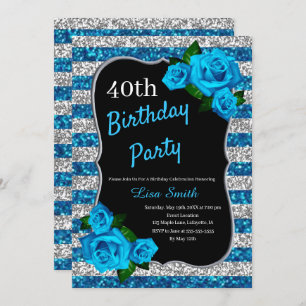 Geburtstag Silver Blue Stripes Glitzer Blaue Rose Einladung