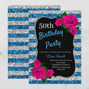 Geburtstag Silver Stripes Glitzer Roses Einladung