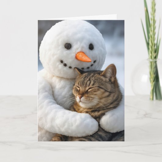 Geburtstag Snowman umarmt eine Tabby-Katze Karte (Vorderseite)