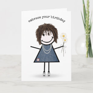 Geburtstag-Stickfigur-Mädchen mit Gänseblümchen-Ka Karte
