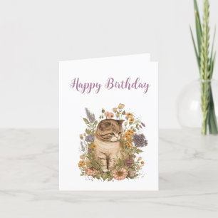 Geburtstag. Tabby Kitten mit Blume. Dankeskarte