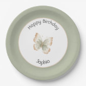 Geburtstag Tan Creme Grüner Schmetterling Pappteller (Vorderseite)