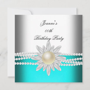 Geburtstag Teal Blau Aqua Weiß Perlen-Blume Einladung