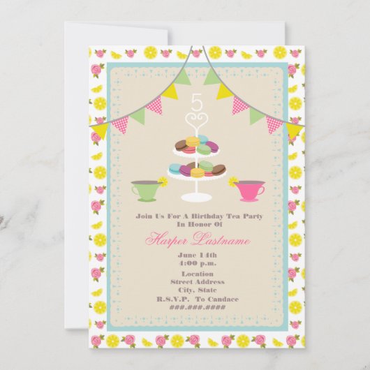 Geburtstag Tee Party + Macarons Einladung (Vorderseite)