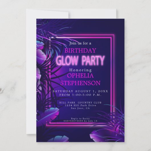 Geburtstag | Tropischer Neon Glow Geburtstag Einla Einladung (Vorderseite)