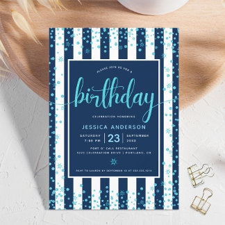 Geburtstag Türkis Schrift Glitter Punkte Navy Weiß Einladung