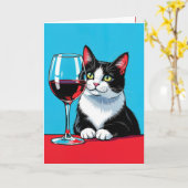 Geburtstag Tuxedo Katze mit Rotwein Karte (Gelbe Blume)