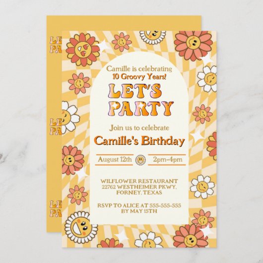 Geburtstag von Groovy Retro Checkerboard Einladung (Vorne/Hinten)