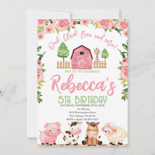 Geburtstag von Mädchen, Landtiere Einladung (Vorderseite)