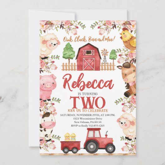 Geburtstag von Mädchen, Landtiere Einladung (Vorderseite)