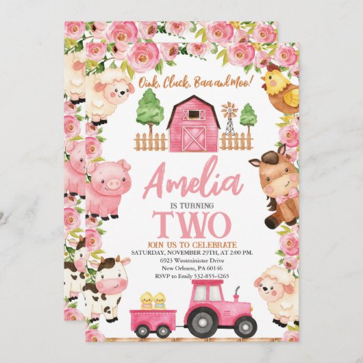 Geburtstag von Mädchen, Landtiere Einladung (Vorne/Hinten)