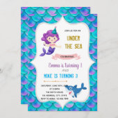 Geburtstag von Meerjungfrau und Hai Einladung (Vorne/Hinten)