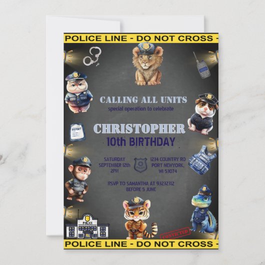 Geburtstag von Tieren in Polizei Uniform Einladung (Vorderseite)