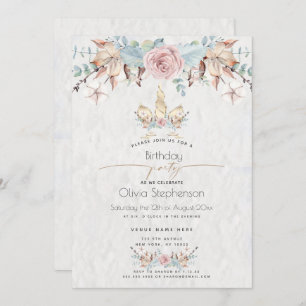 Geburtstag Winter Woodland Floral Gold Unicorn Einladung