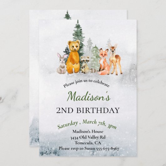 Geburtstag Winter Woodland Tiere Urlaub Einladung (Vorne/Hinten)