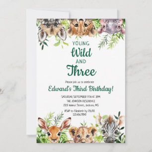 Geburtstag Young Wild And Three Süße Safari-Tiere Einladung